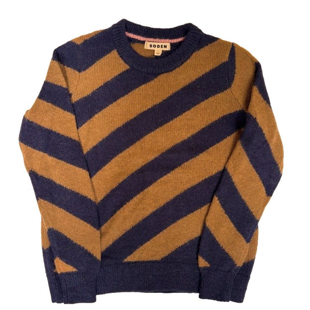 Boden Sweater S Navy Camel Striped Wool Mohair Alpaca Crewneck Preppy Knit